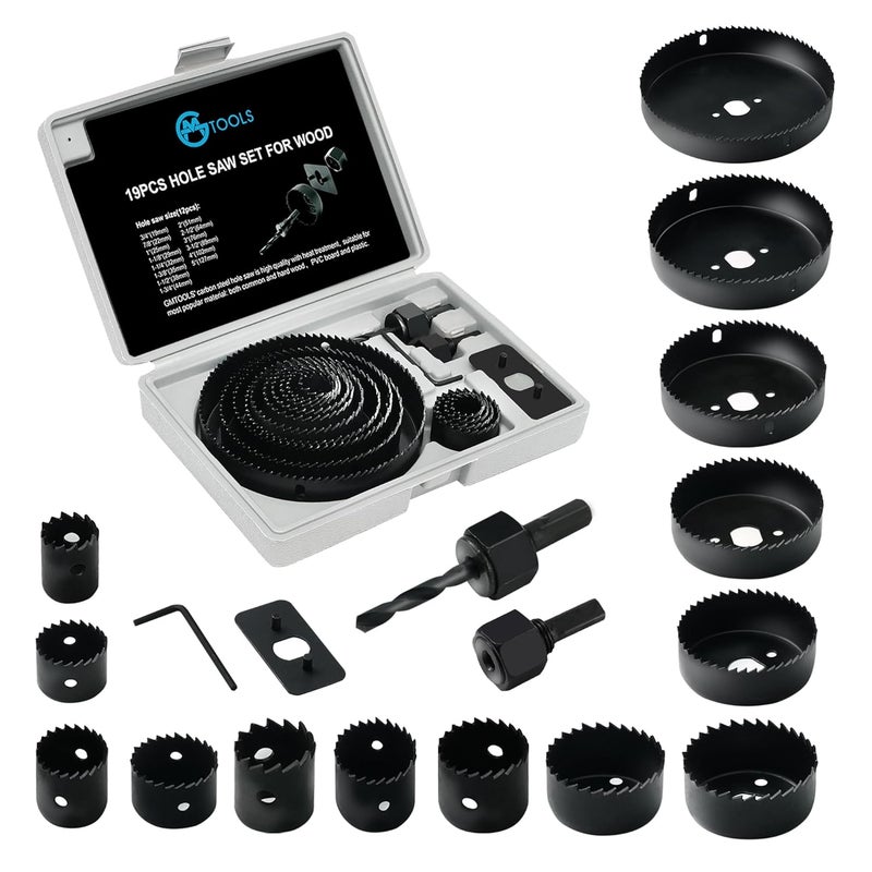 GMTOOLS Hole Saw Set, 19Pcs Hole Saw Kit with General Purpose 3/4" to 5"(19-127mm) Saw Blades, Mandrels, Drill Bits, Installation Plate, Hex Key with Storage Case, Idear for Wood, Plywood, PVC Board - Image 1